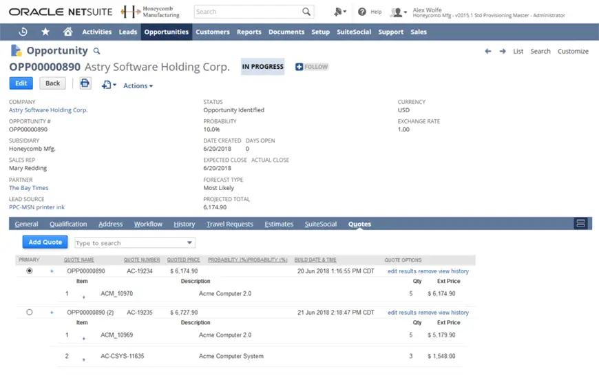 Screenshot of Oracle NetSuite software showcasing CPQ integration details for an opportunity at Asty Software Holding Corp. The screen displays sections for opportunities, contacts, and quotes with listed items.