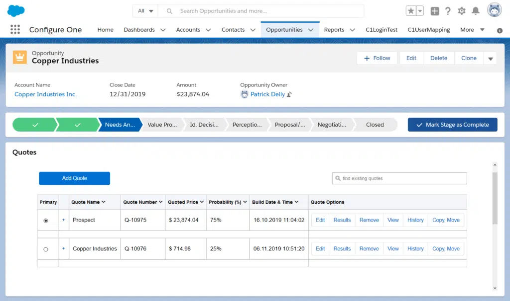 Screenshot of a business software interface featuring the opportunity Copper Industries, highlighting the close date and amount. The display includes a CPQ-integrated table with quotes and their specific details.