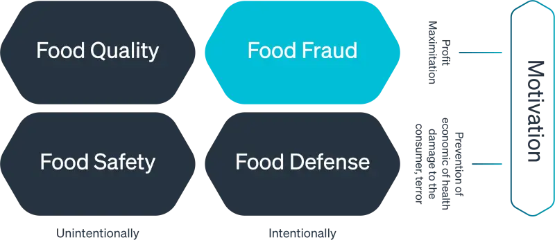 Diagram showing four elements: Food Quality, Food Safety, Food Fraud (highlighted), and Food Defense, connected to a line leading to an undefined area.