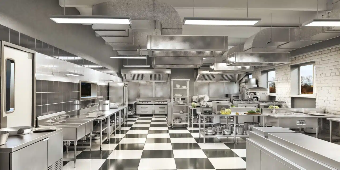 Commercial kitchen with stainless steel appliances and countertops, checkered floor, industrial lighting, and high ceilings. Designed using cutting-edge commercial kitchen design software, cooking utensils and ingredients are arranged neatly for optimal efficiency.
