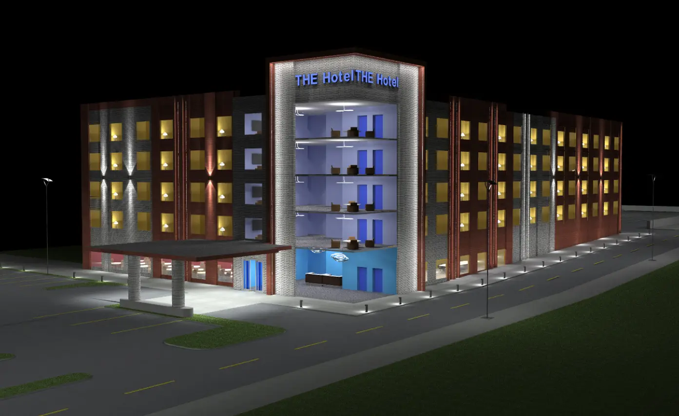 Night view of a modern hotel building with a visible cross-section displaying lobby and rooms. Thanks to advanced illuminating engineering software, the facade is brilliantly lit, highlighting the entrance with its stylish canopy.
