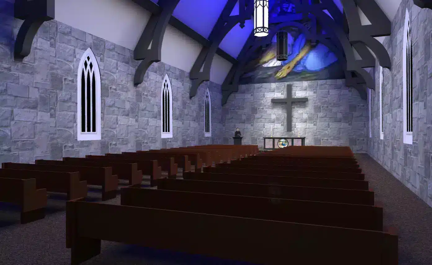 A church interior with stone walls, arched stained glass windows, wooden pews, a cross at the front, and a blue-lit vaulted ceiling that seems crafted with the precision of illuminating engineering software.