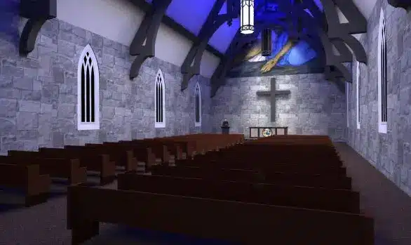 The chapels serene interior, with stone walls and wooden pews, is enhanced by blue lighting on the ceiling, skillfully crafted using illuminating engineering software. Arched windows let in a gentle glow, while a large cross stands gracefully behind the altar.