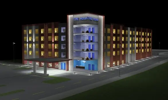 Nighttime view of a multi-story hotel building with visible, warmly lit rooms. The facade proudly displays the sign The Hotel. Thanks to advanced illuminating engineering software, the entrance features a beautifully designed covered driveway that welcomes guests.