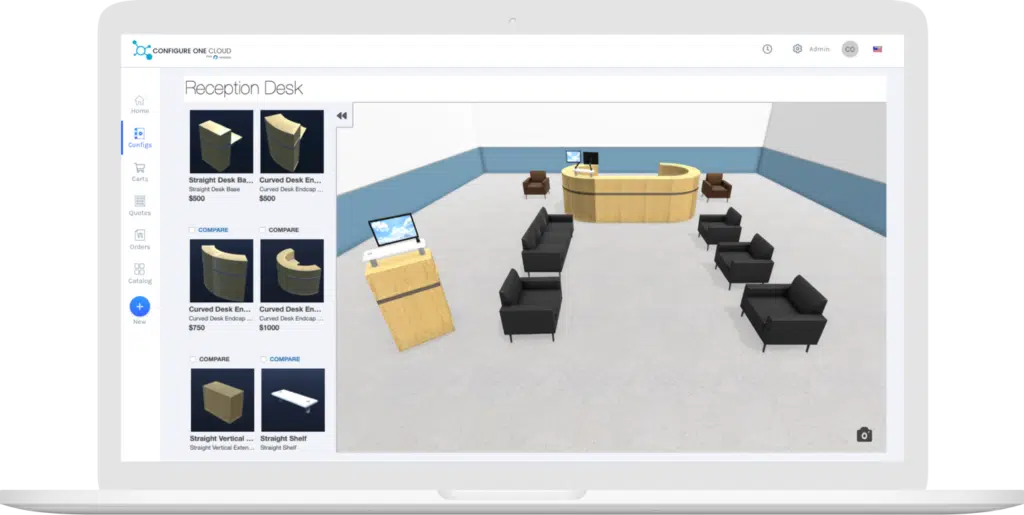 Auf dem Computerbildschirm entfaltet sich ein 3D-Büromöbellayout mit einem Empfangstresen und Stühlen sowie einer Seitenleiste mit Produktoptionen und Preisen. Die Einrichtung integriert nahtlos Configure One Clouds Quarterly Highlights v1.1 für nahtlose Updates.