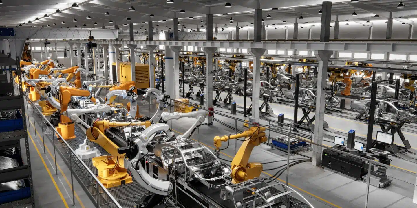 Robotic arms efficiently assemble car frames in an automated manufacturing factory, reflecting key trends shaping the manufacturing industry. Under bright lighting, multiple assembly lines work seamlessly to revolutionize production processes.