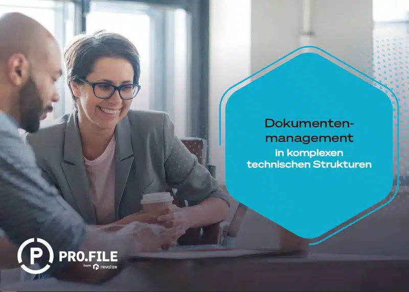 Two people sit at a table with a laptop and coffee cup. Text reads: Dokumentenmanagement-Software in komplexen technischen Strukturen. PRO.FILE logo is visible.