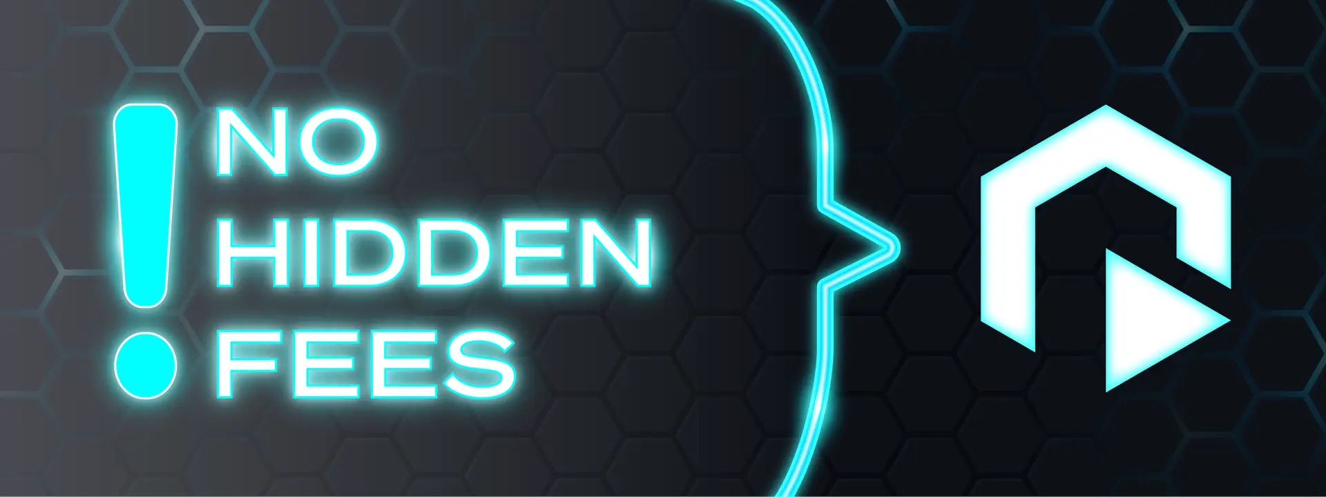 Digital graphic featuring the text No Hidden Fees! paired with a geometric PLM logo, separated by a glowing bracket against a hexagonal pattern background.