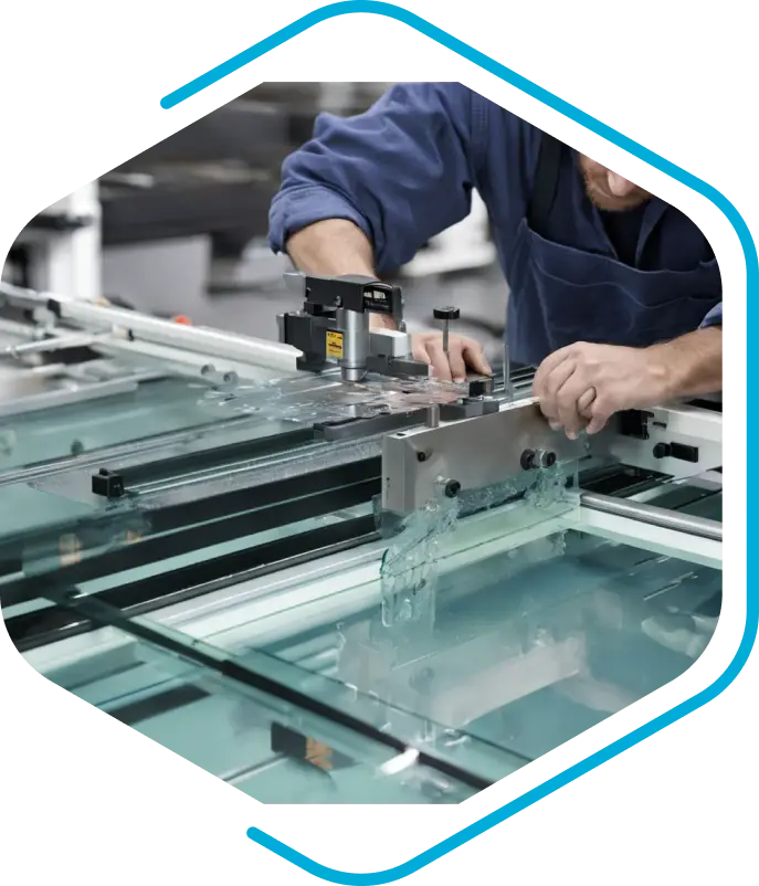 A person expertly operates a glass cutting machine, aligning each sheet with precision. Their hands deftly adjust the controls, showcasing a skill akin to the meticulousness seen in elektronische Dokumentenverwaltung systems.