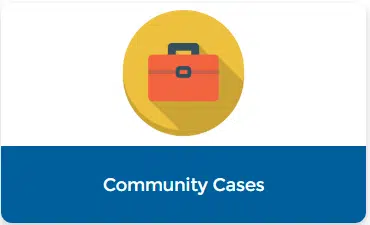 Icon of an orange briefcase on a yellow circle background above the text Community Cases on a blue rectangle, echoing the essence of case creation guides found in the Revalize Support Portal.