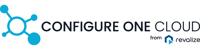 Logo for Configure One Cloud from Revalize, featuring a blue molecular structure icon and the company names in black and blue text, as seen in the C1C Manufacturing Report 2025.