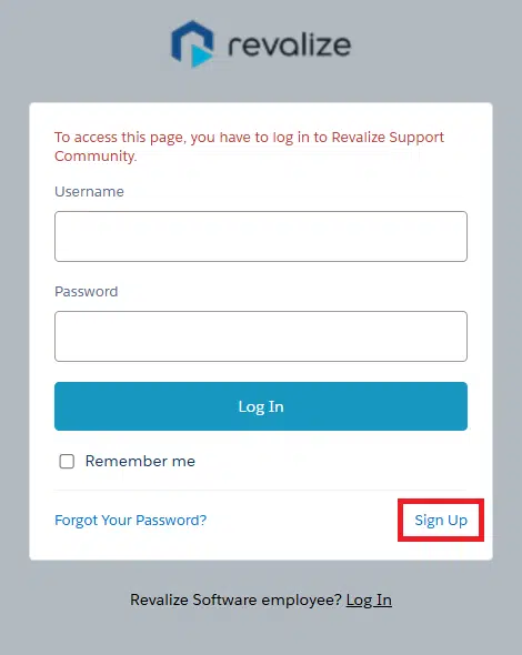 Login page for the Revalize Support Community with fields for username and password. Options to remember login, reset password, and sign up are present. Access the Revalize Support Portal to explore the case creation guide at your convenience.