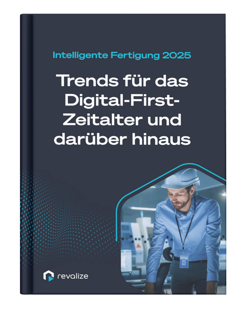 Book cover titled Trends für das Digital-First-Zeitalter und darüber hinaus with a man in a helmet working on a computer, published by revalize.