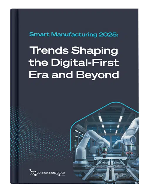 Book cover titled Smart Manufacturing 2025: Trends Shaping the Digital-First Era and Beyond with an image of robotic arms in a factory.