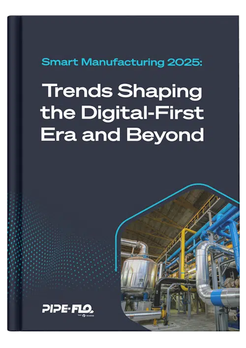 Book cover titled Smart Manufacturing 2025: Trends Shaping the Digital-First Era and Beyond with an image of industrial pipes and machinery.