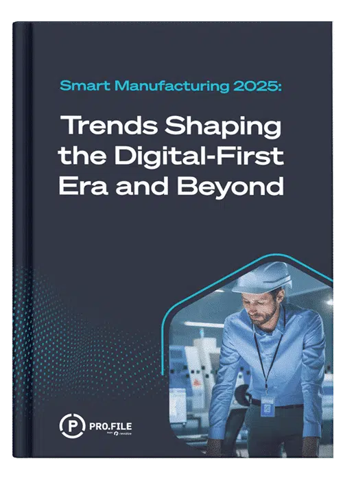 Book cover titled Smart Manufacturing 2025: Trends Shaping the Digital-First Era and Beyond with an image of a person wearing a hard hat and a badge, standing indoors.