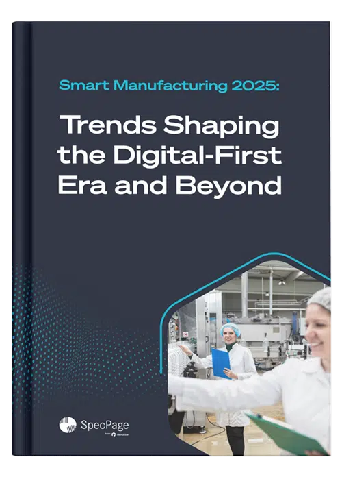 Book cover titled Smart Manufacturing 2025: Trends Shaping the Digital-First Era and Beyond with an image of people in a manufacturing setting.