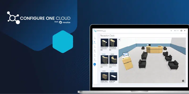 A laptop showcases a 3D room layout using Configure One Cloud software by Revalize, adept in 3D floor space planning, with the logo and branding set against a blue background.