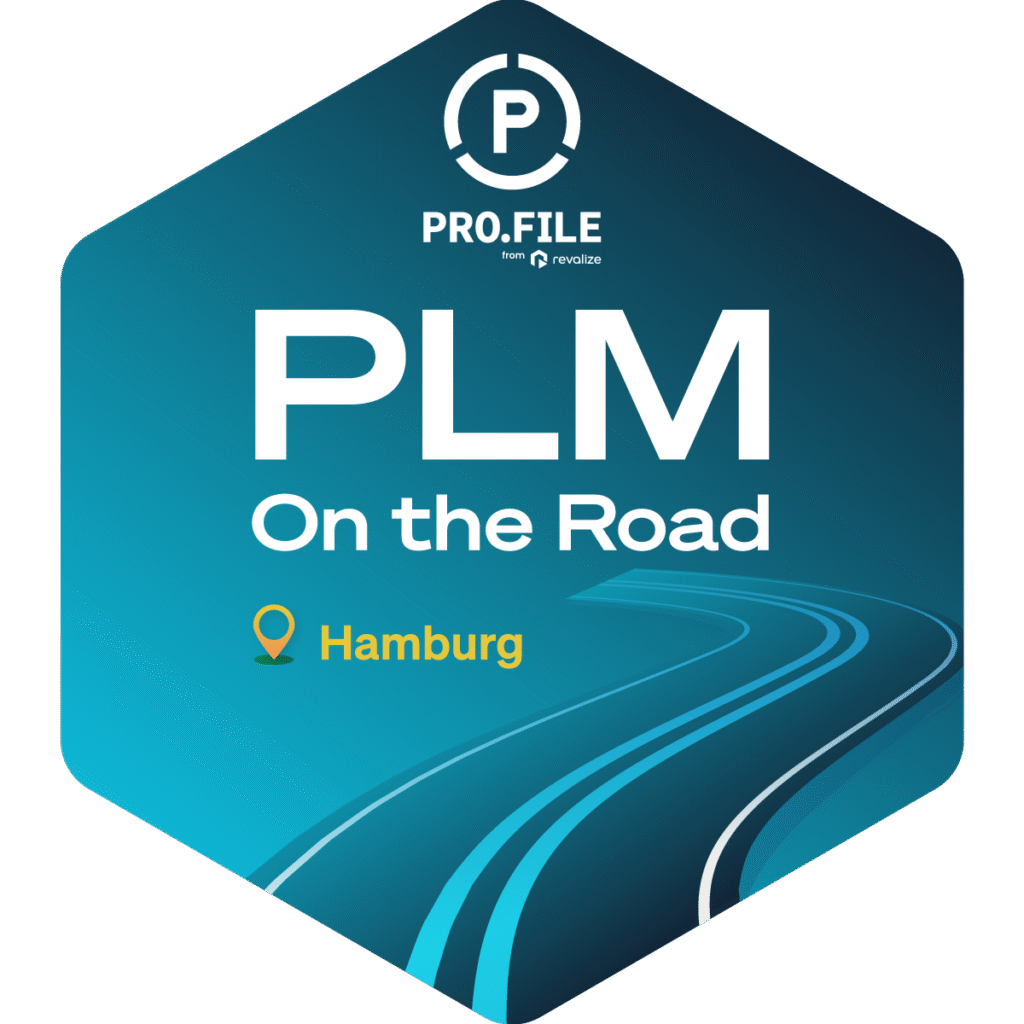 Hexagonal badge featuring the text PRO.FILE PLM On the Road with a location pin icon, Hamburg, and a stylized road graphic—all set on a blue gradient background, highlighting the PLM journey.
