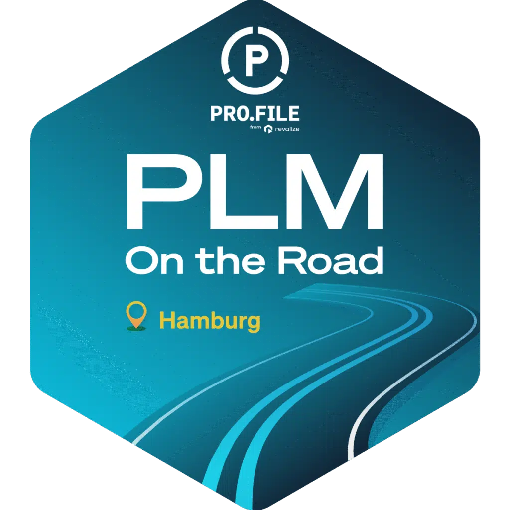 Hexagonal badge featuring the text PRO.FILE PLM On the Road with a location pin icon, Hamburg, and a stylized road graphic—all set on a blue gradient background, highlighting the PLM journey.