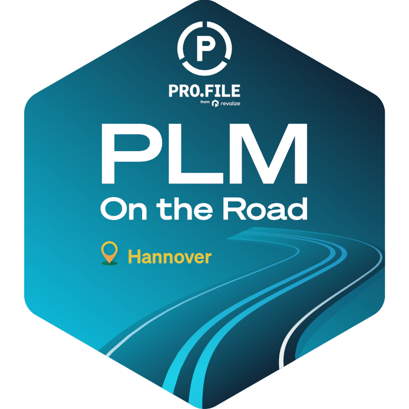 A hexagonal graphic showcases PLM On the Road alongside Hannover, featuring a stylized road design on a blue background.