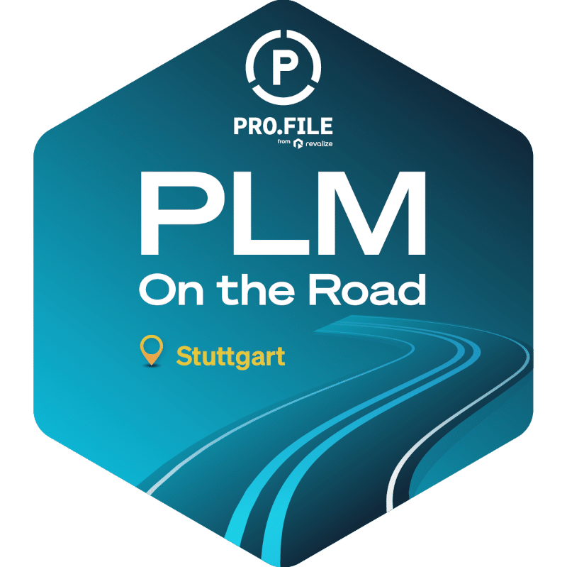 Hexagonal graphic showcasing PLM On the Road text with a road motif. It features the PRO.FILE logo and highlights Stuttgart, marked with a location pin icon, integrating PLM themes seamlessly.