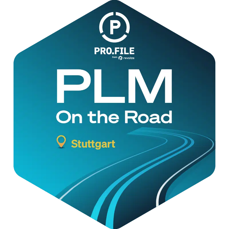 Hexagonal graphic showcasing PLM On the Road text with a road motif. It features the PRO.FILE logo and highlights Stuttgart, marked with a location pin icon, integrating PLM themes seamlessly.