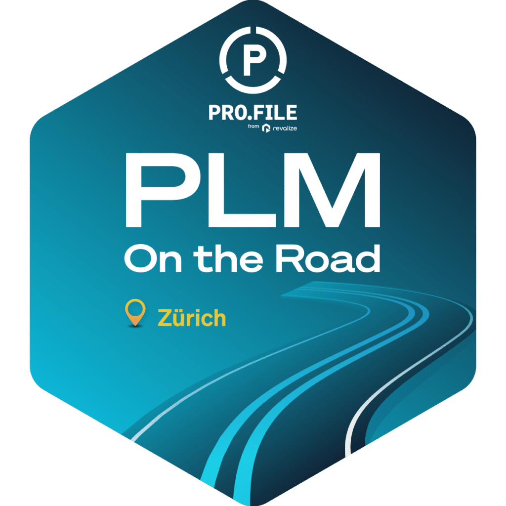 Hexagonal graphic showcasing PLM On the Road, with a stylized road leading to Zürich marked by a location pin.