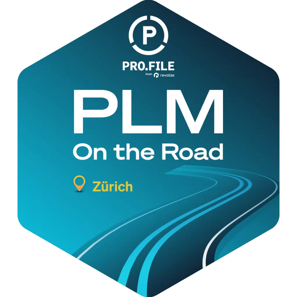Hexagonal graphic showcasing PLM On the Road, with a stylized road leading to Zürich marked by a location pin.