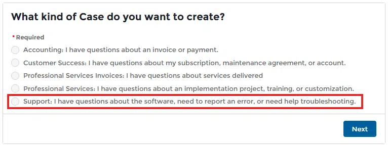 The *What kind of Case do you want to create?* form on the Revalize Support Portal offers choices like Accounting, Customer Success, Professional Services, and Support. The Support option stands out prominently in red for easy identification during your case creation journey.