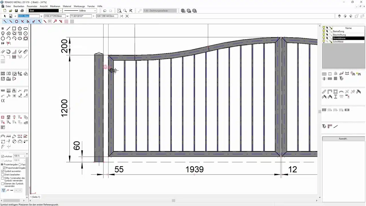 Technical drawing of a metal gate with vertical bars and curved top, including dimensions: height 1200, width 1939, post sizes 55 and 120—all detailed in millimeters. Enhance your understanding by exploring TENADO Videos for visual insights.