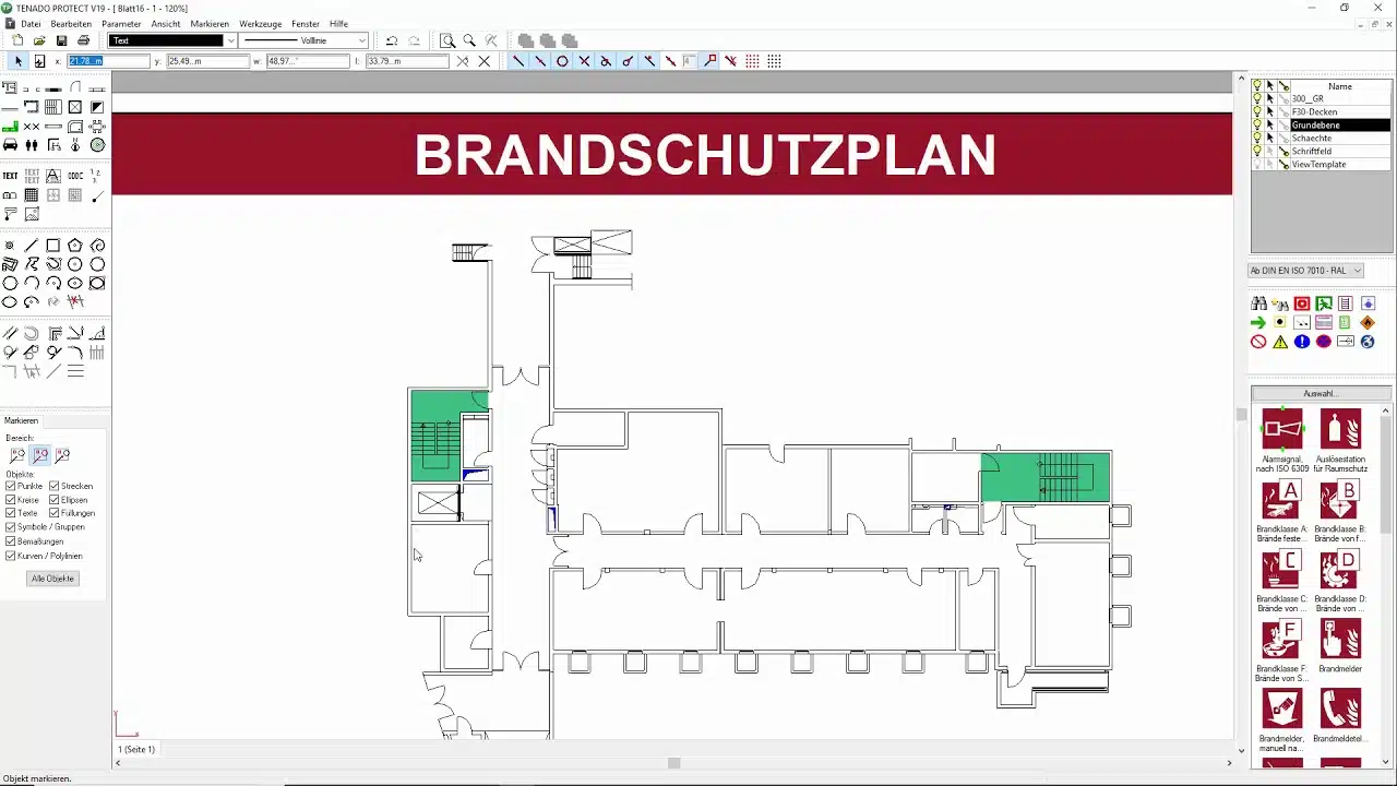 Floor plan marked with green sections, labeled BRANDSCHUTZPLAN, illustrating a fire protection layout. Various icons and tools are visible on the interface around the plan, with some dynamic features explained through helpful TENADO Videos.