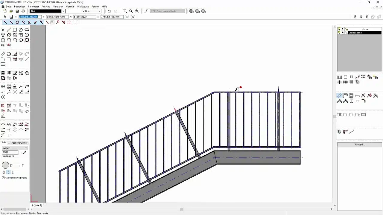 The architectural software interface features a 3D model of a staircase with metal railings against a white background. Multiple design tools and options, reminiscent of TENADO Videos tutorials, surround the model for an intuitive experience.