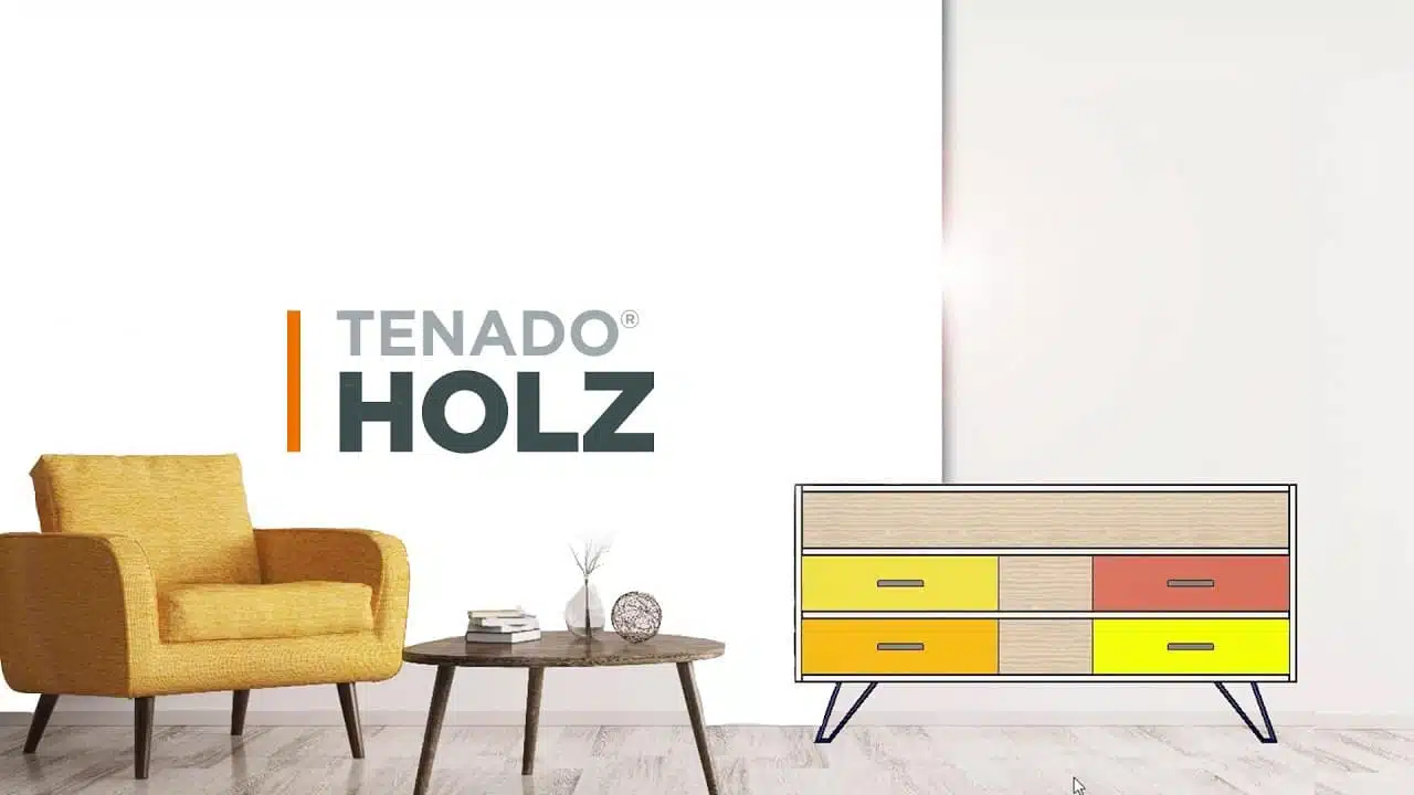 A yellow armchair, small table with decor, and a modern dresser with colorful drawers are set against a white wall featuring the TENADO HOLZ logo. The setting almost feels like a scene straight out of TENADO Videos, where stylish design meets practical solutions.