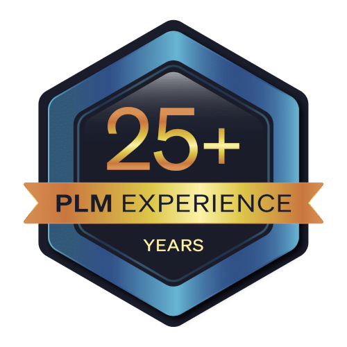 A hexagonal badge with a gold ribbon stating 25+ PLM EXPERIENCE YEARS on a blue and black background.