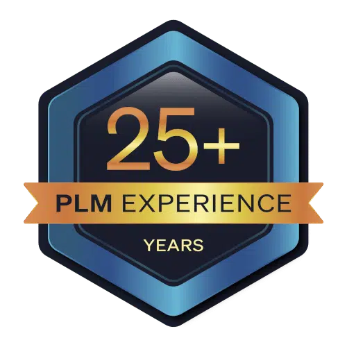A hexagonal badge with a gold ribbon stating 25+ PLM EXPERIENCE YEARS on a blue and black background.