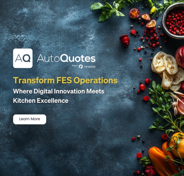 AutoQuotes advertisement showcases vibrant vegetables and spices on a dark surface. Text: Transform FES Operations - Where Digital Innovation Meets Kitchen Excellence with seamless SAP ERP integrations. Button: Learn More.