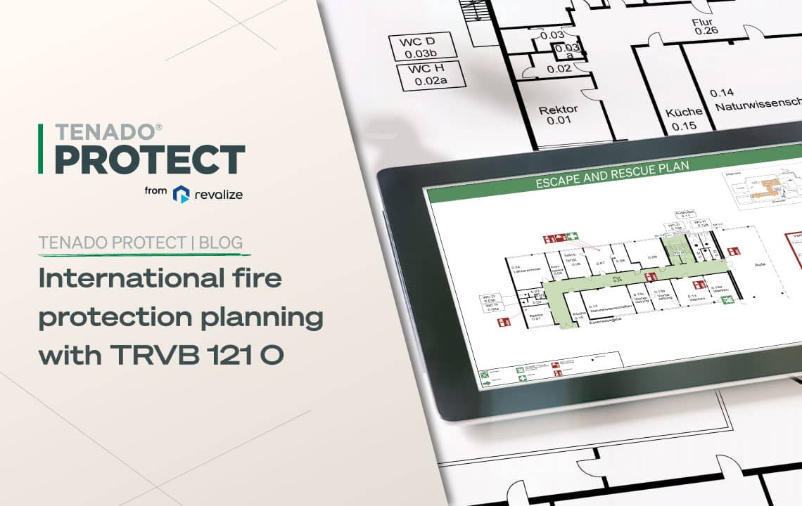 A tablet displaying a TRVB escape and rescue plan sits atop printed architectural floor plans, featuring text about international fire protection planning.
