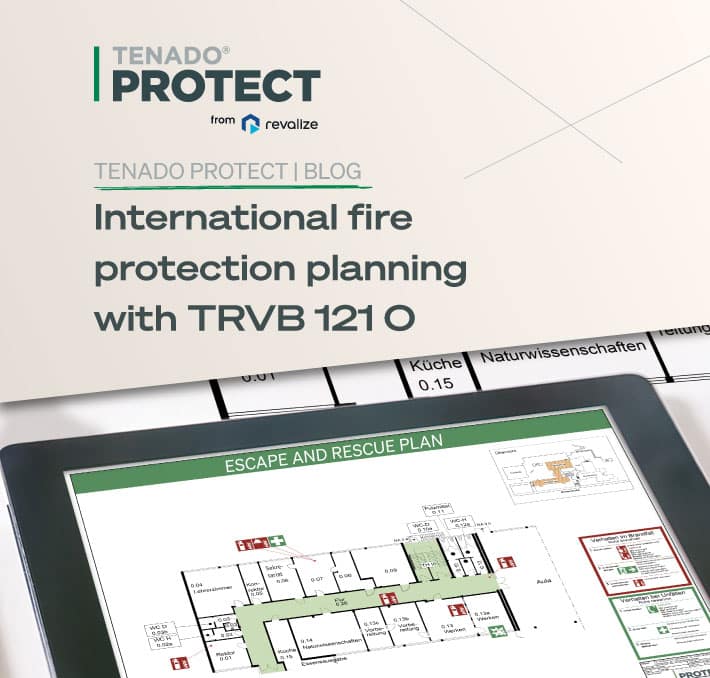 A tablet displays an escape and rescue plan, featuring details from TRVB guidelines. The screen is partly visible under a pamphlet titled International fire protection planning with TRVB 121 O.