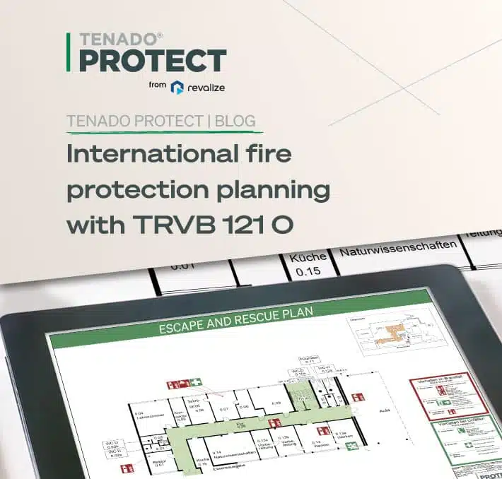 A tablet displays an escape and rescue plan, featuring details from TRVB guidelines. The screen is partly visible under a pamphlet titled International fire protection planning with TRVB 121 O.