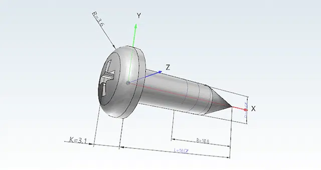 Explore a 3D model of a screw with X, Y, and Z axes clearly labeled, showcasing precise measurements and dimensions. Enhance your design process seamlessly using the TENADO Add On for detailed insights.