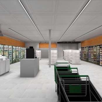 A modern grocery store interior designed with illuminating engineering software, featuring shopping carts, refrigerated display cases, well-lit shelves stocked with products, and a checkout counter.