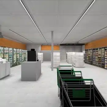 A modern grocery store interior designed with illuminating engineering software, featuring shopping carts, refrigerated display cases, well-lit shelves stocked with products, and a checkout counter.