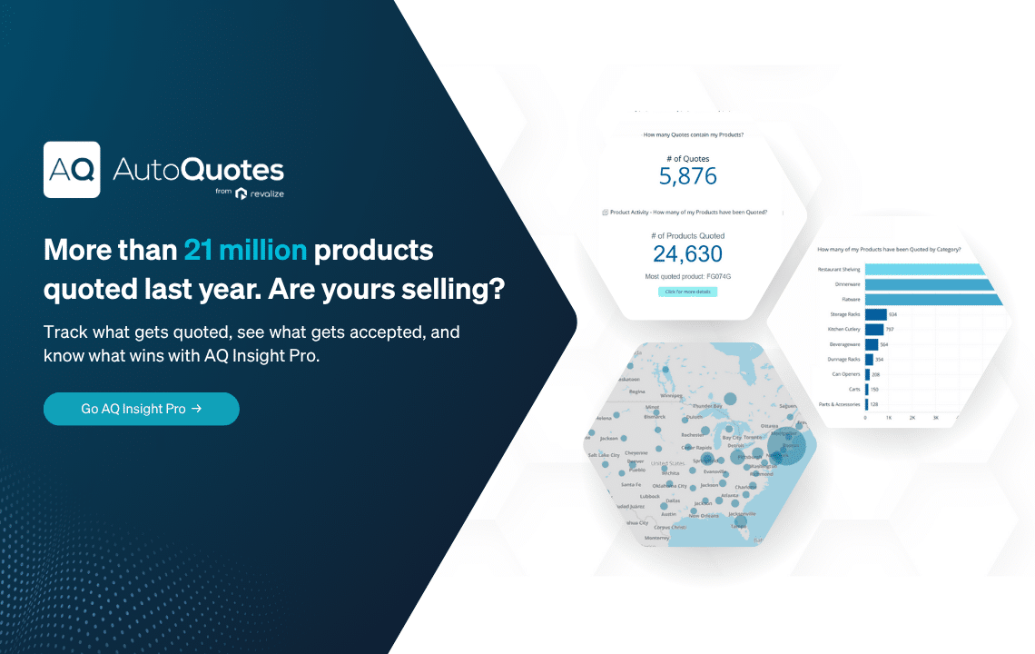 AutoQuotes promo stating over 21 million products were quoted last year, featuring data visualizations and a “Go AQ Insight Pro” button.