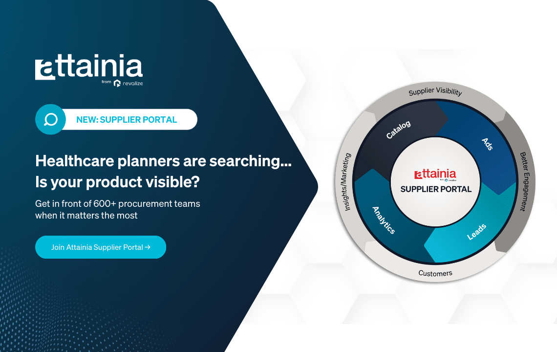 Promotional graphic for Attainia Portal, highlighting supplier visibility features and inviting users to join the portal for access by healthcare procurement teams.