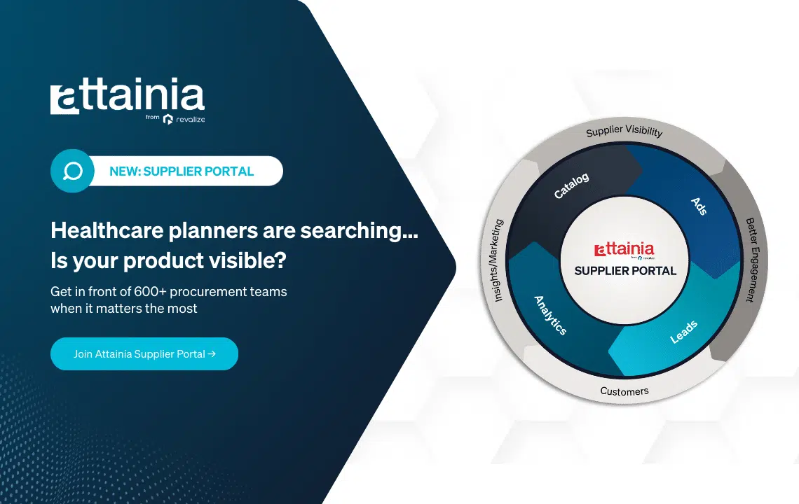 Promotional graphic for Attainia Portal, highlighting supplier visibility features and inviting users to join the portal for access by healthcare procurement teams.