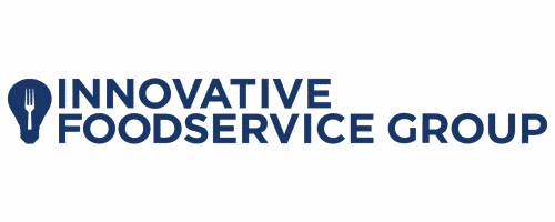 Logo for Innovative Foodservice Group featuring a lightbulb icon to the left of the company name in bold, dark blue text on a transparent background.