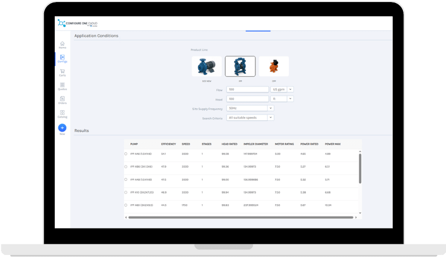 A laptop screen displays the Configure One Cloud 2.2.0 application interface for selecting and comparing different pump models based on various input conditions, with results shown in a table.