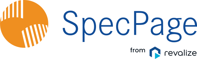 The SpecPage logo features an orange circle with black diagonal lines, blue text reading SpecPage, and smaller text from revalize with a geometric icon.