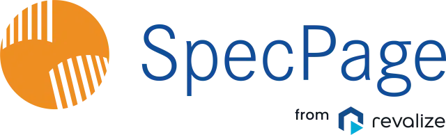 The SpecPage logo features an orange circle with black diagonal lines, blue text reading SpecPage, and smaller text from revalize with a geometric icon.